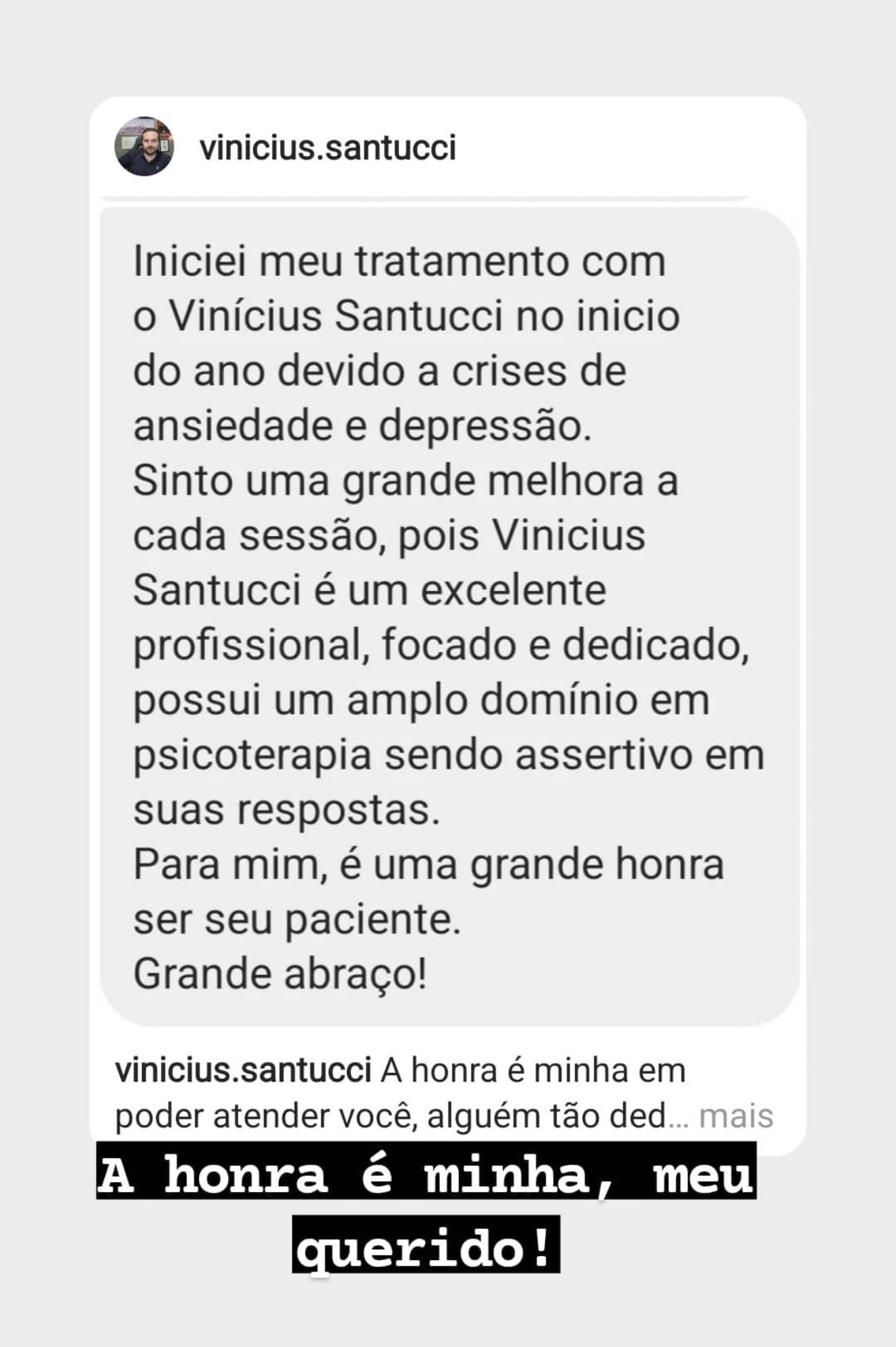 Depoimento de paciente sobre psicoterapia com Vinícius Santucci — psicólogo em Florianópolis